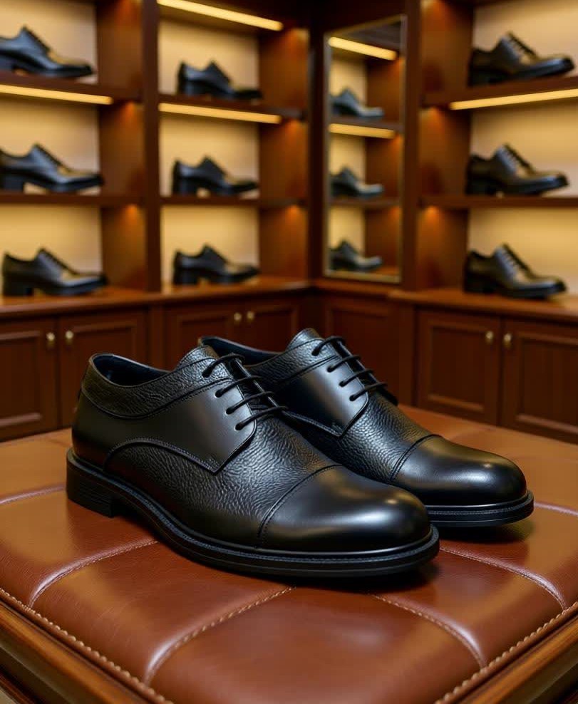 کفش چرمی مردانه مشکی فلوتر مدل کیهان با طراحی رسمی و بنددار