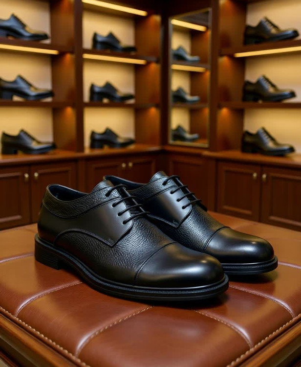 کفش چرمی مردانه مشکی فلوتر مدل کیهان با طراحی رسمی و بنددار