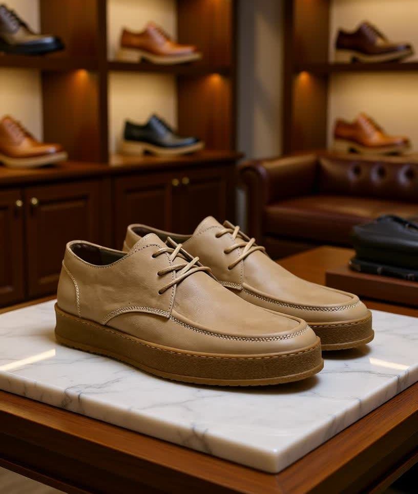 کفش مردانه جیر و چرم طبیعی کرمی | مدل رسمی‌اسپرت بنددار با زیره طبی