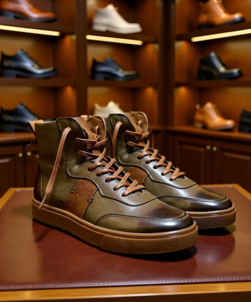 کتونی چرمی مردانه رنگ زیتونی، تمام چرم طبیعی، طراحی اسپرت و راحت با زیره طبی سبک.