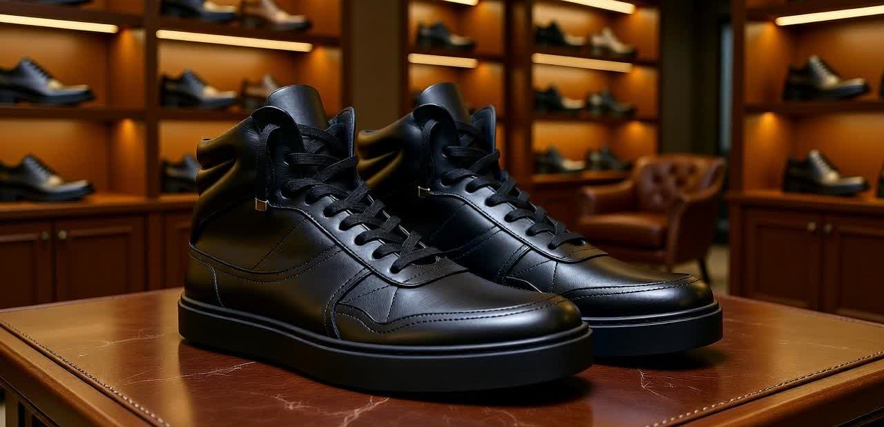 کتونی چرمی مردانه ساق‌دار مشکی مدل ایبار – چرم طبیعی با طراحی اسپرت و زیره طبی