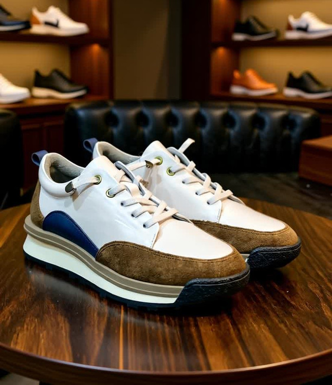 کتونی چرمی مدل آریو – طراحی ترکیبی سفید، طوسی و مشکی با چرم طبیعی و زیره طبی