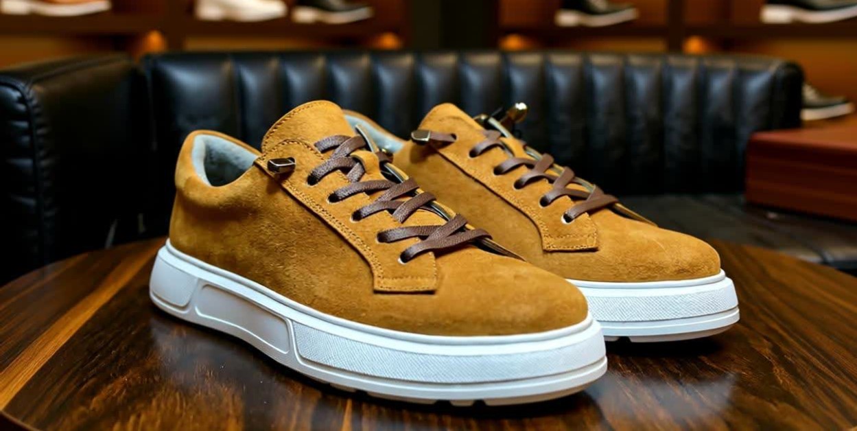 کتونی جیر چرمی مدل نیرا – ترکیب رنگ آبی، عسلی و قهوه‌ای با طراحی اسپرت و زیره طبی