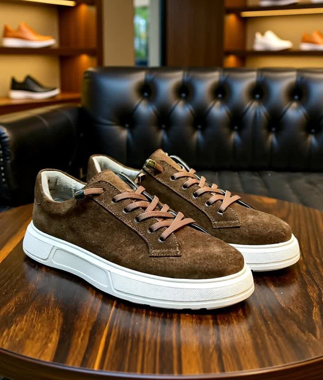 کتونی جیر چرمی مدل نیرا – ترکیب رنگ آبی، عسلی و قهوهای با طراحی اسپرت و زیره طبی