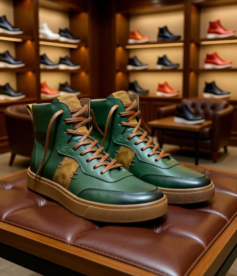 کتونی چرمی مردانه رنگ سبز، تمام چرم طبیعی، طراحی اسپرت و راحت با زیره طبی سبک.